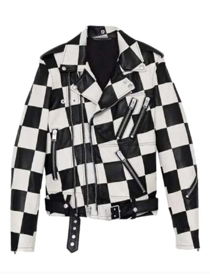 Asymmetrical Zipper Checkerboard Biker Leather Jacket