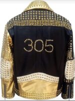 Bold Black Studded Leather Jacket with Golden Sleeves - Image 2