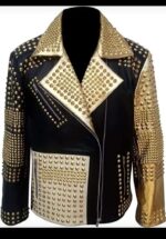Black Studded Leather Jacket with Golden Sleeves