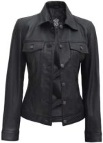 Women Four Pocket Black Trucker Leather Jacket