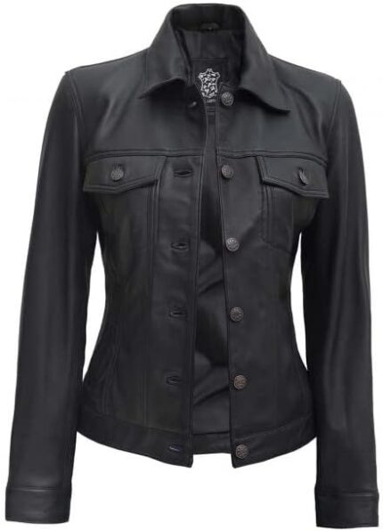 Women Four Pocket Black Trucker Leather Jacket