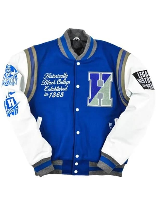 Hampton University Motto 2.0 Varsity Blue Jacket_Front Hampton University Motto 2.0 Varsity Blue Jacket
