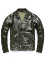 Army Green Cowhide Leather Motorcycle Jacket