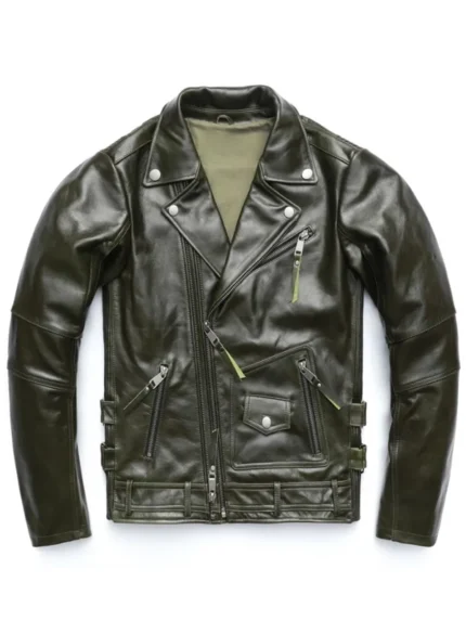 Army Green Cowhide Leather Motorcycle Jacket