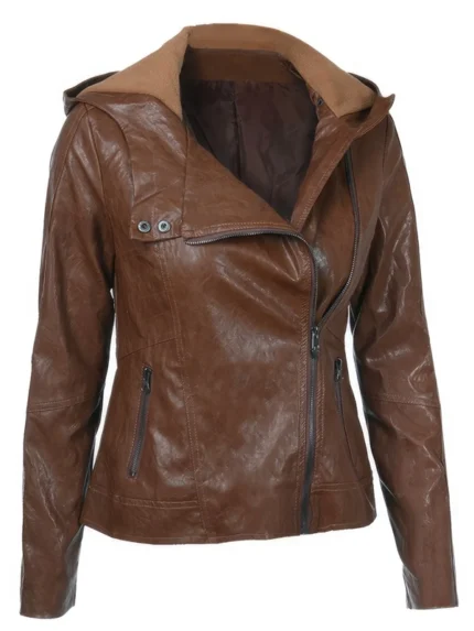 Brown leather biker jacket for women