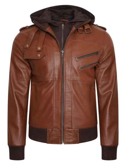 Wing Hooded Brown Leather Jacket